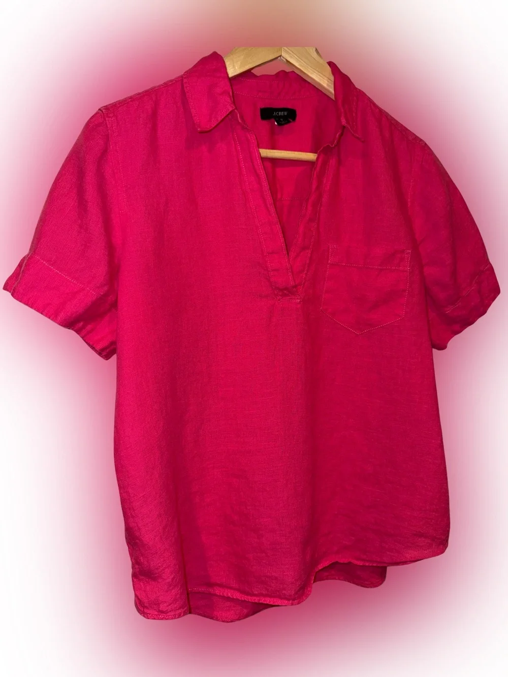 J. Crew 100% Linen Popover Top Short Sleeve S Coastal Hot Pink Preppy Collared